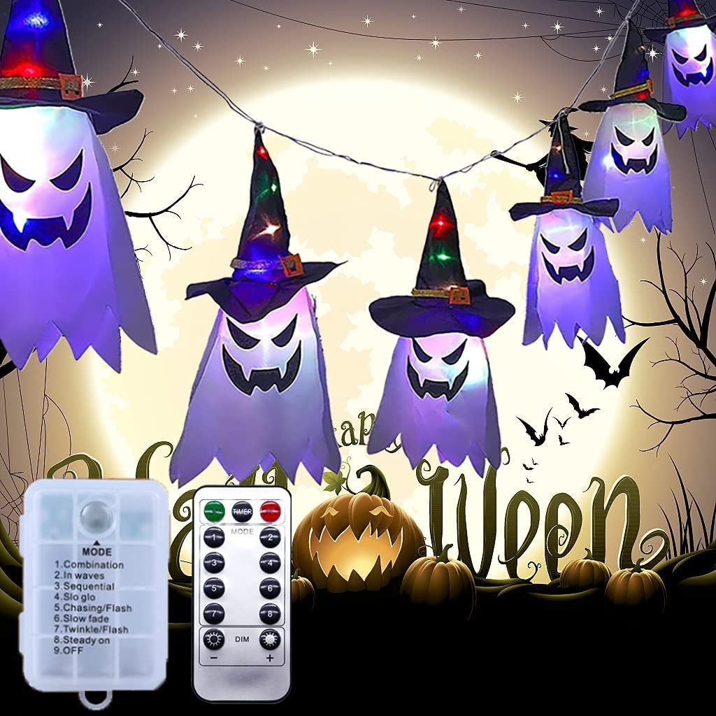 Halloween Ghost Led Light Hanging Party Dress Up Glowing Witch Hat Lamp Horror Props Home Bar Decoration Halloween String Light