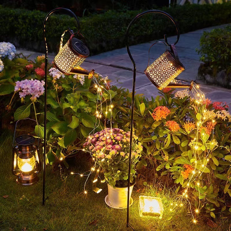 Patio Yard Pathway Plant Vine Lights Solar Outdoor Waterproof Fairy Lights Hanging Metal Waterfall Solar Watering Can Light