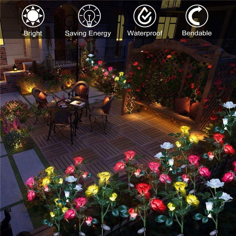 3 Heads Solar Light Rose Flower Landscape Solar Flower Lights Outdoor Garden Waterproof