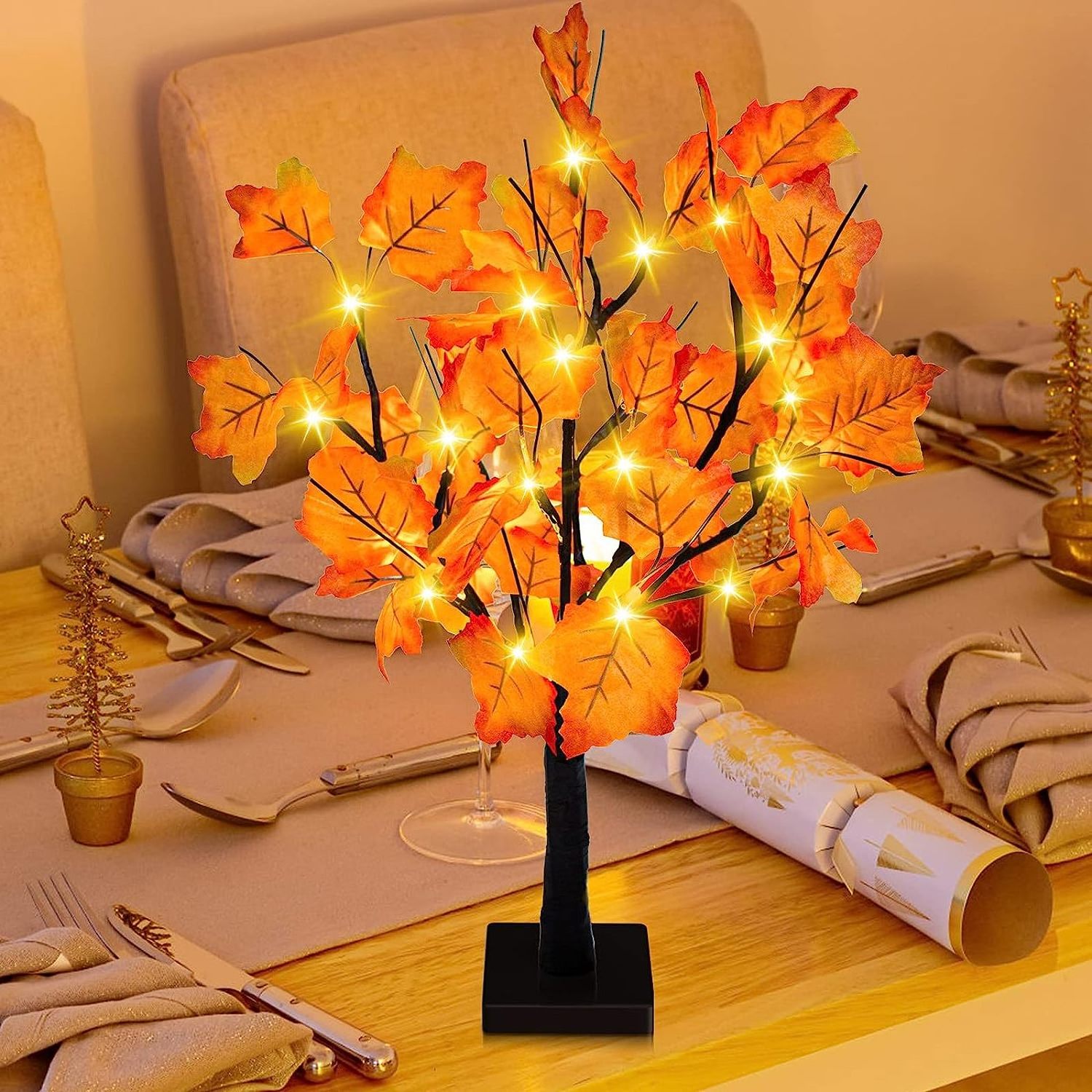 Indoor Outdoor Autumn Harvest Home Decor 24 LED Thanksgiving Decorations  Artificial Fall Lighted Maple Bonsai Tree Table Lights