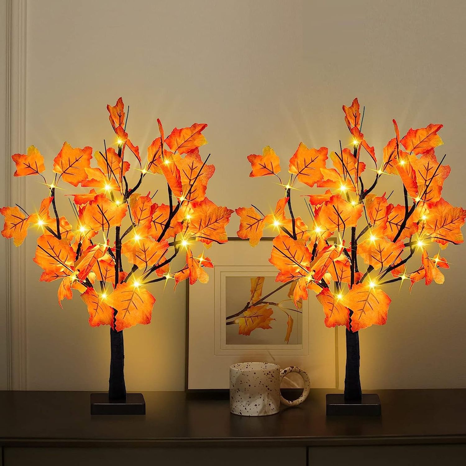 Indoor Outdoor Autumn Harvest Home Decor 24 LED Thanksgiving Decorations  Artificial Fall Lighted Maple Bonsai Tree Table Lights