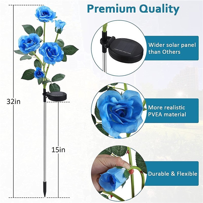 3 Heads Solar Light Rose Flower Landscape Solar Flower Lights Outdoor Garden Waterproof