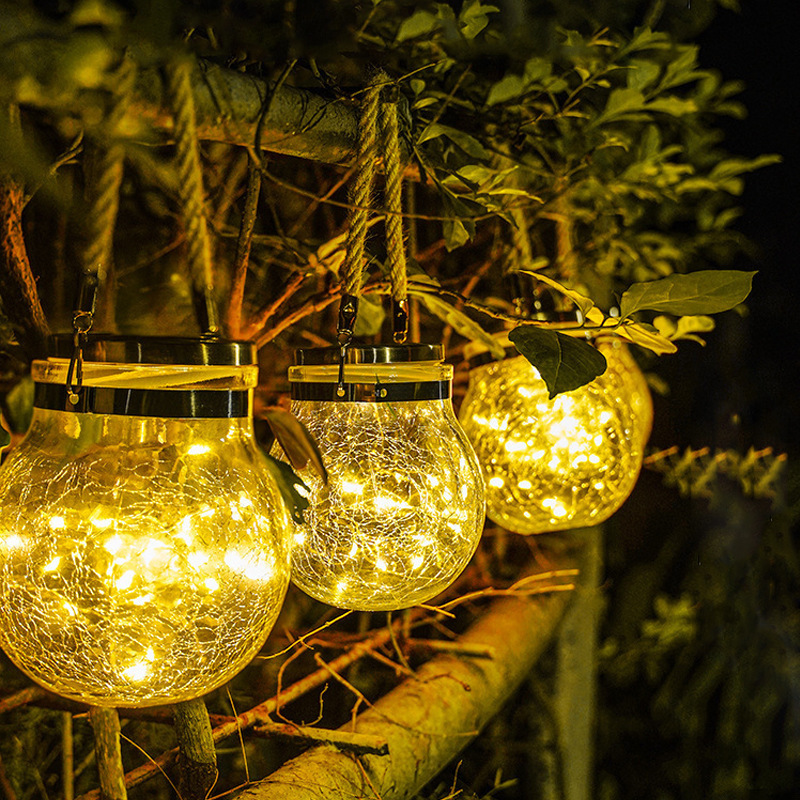 Decor Christmas Ball Glass Jar Crack Solar Light Outdoor Led Garden Hanging Lamp Led Hanging Solar Lantern