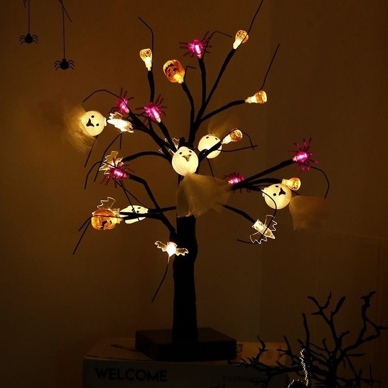 Battery Operated Creative Halloween Led Table Lamp Ghost Festival Pumpkin Spider Birch Tree Lights For Home Decor