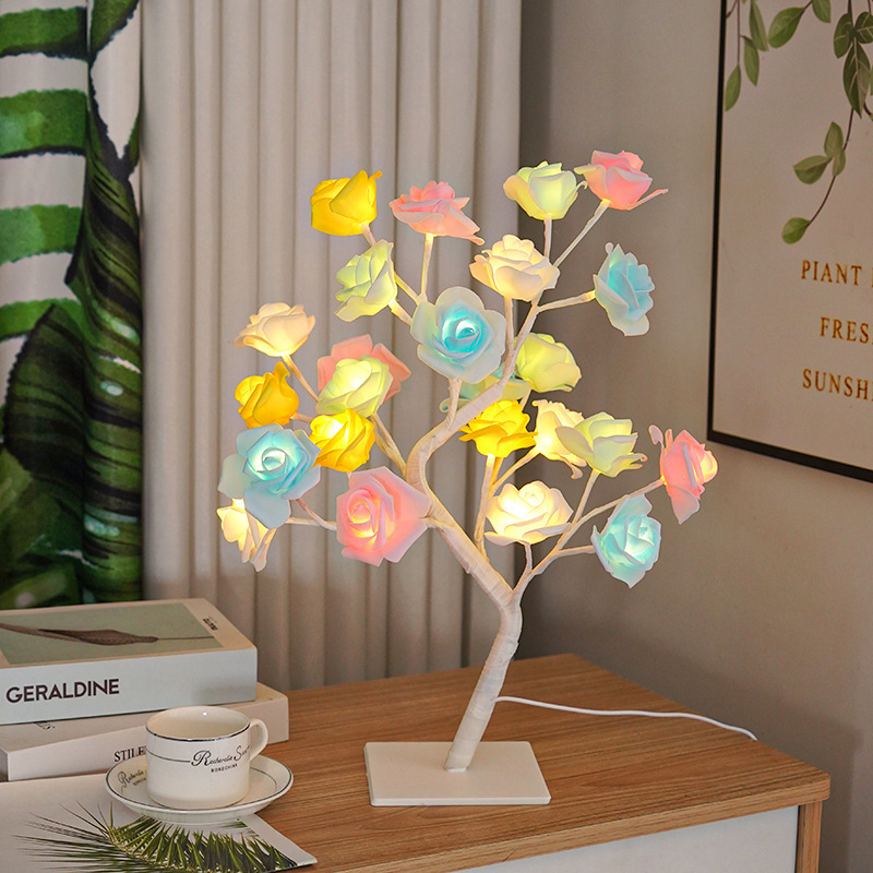 Led Rose Table Lamp 45cm 24led Romantic Flower Night Light Wedding Bedroom Indoor Decoration Rose Flower Bonsai Tree Light