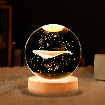 Creative 3d Crystal Ball Night Light For Atmosphere Decoration Wooden Base Led Night Pendant Lamp Planet For Indoor Decor