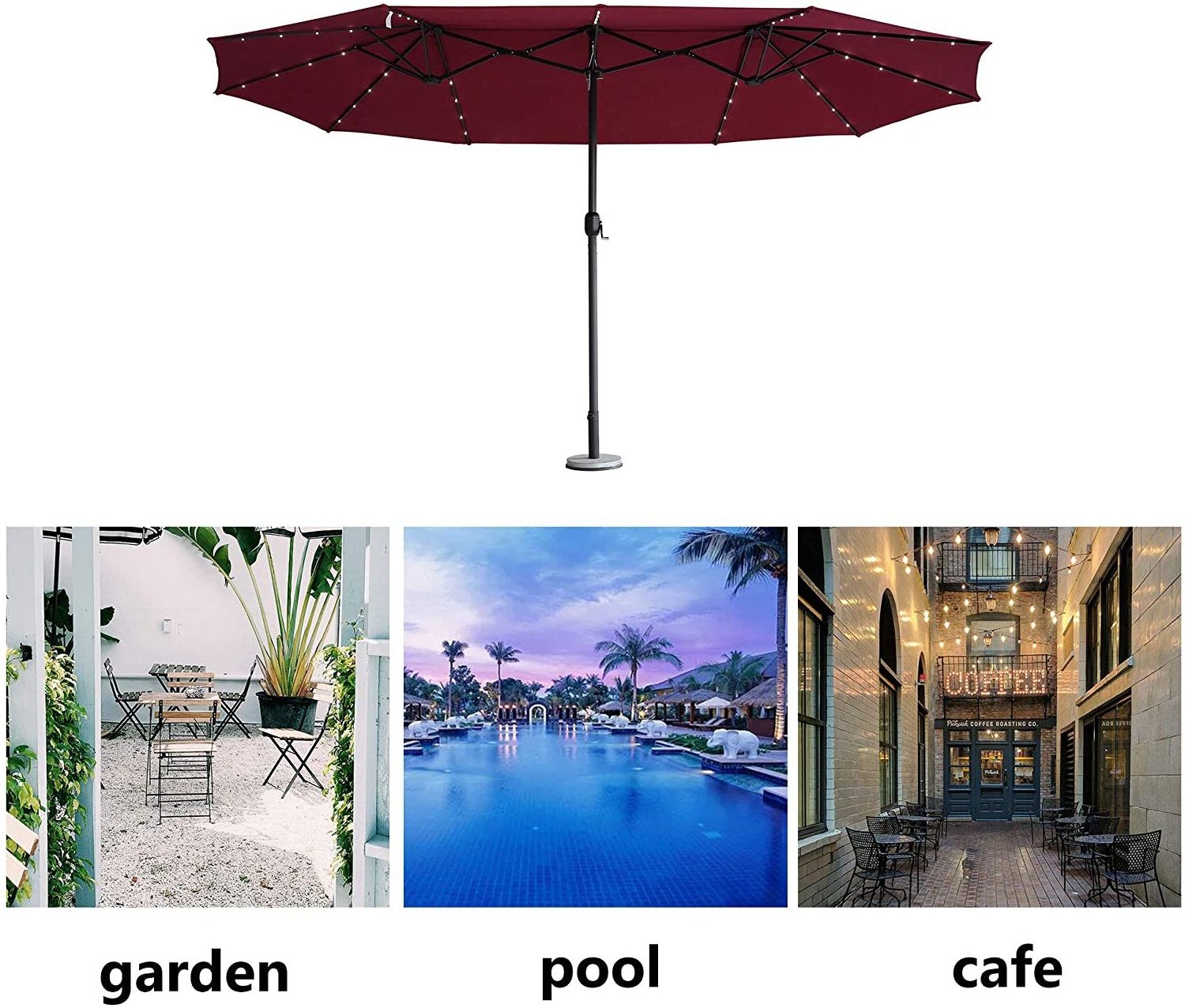 15' Patio Table Umbrella Double-Sided with Base Stand, Solar Power, Extra Large