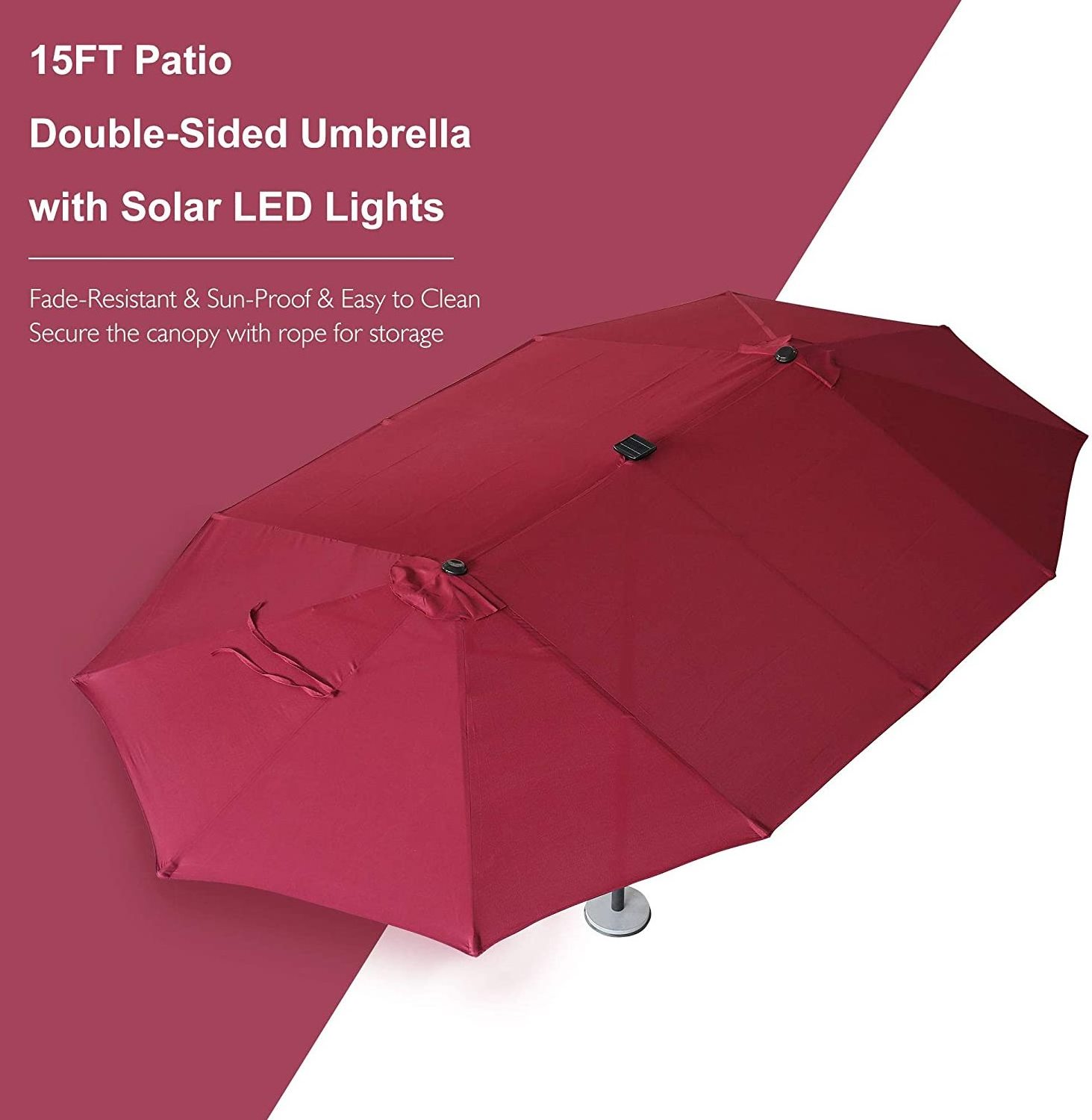 15' Patio Table Umbrella Double-Sided with Base Stand, Solar Power, Extra Large