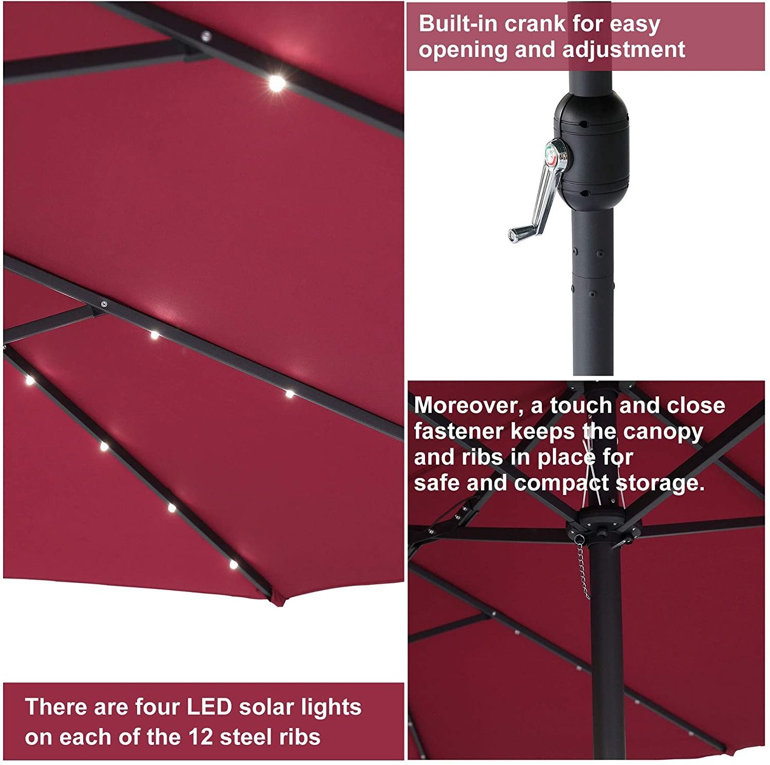 15' Patio Table Umbrella Double-Sided with Base Stand, Solar Power, Extra Large