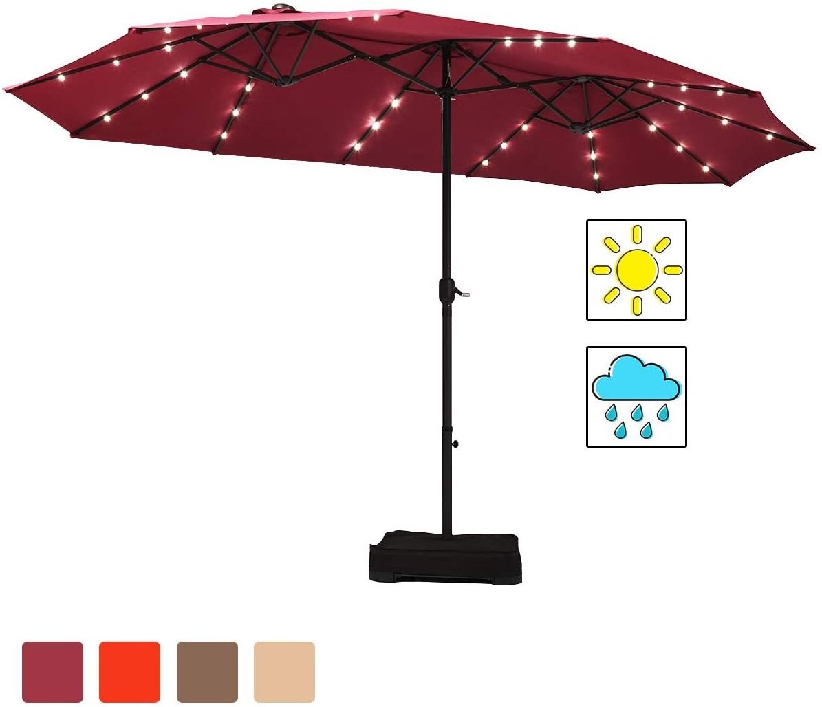 15 ft. Outdoor 3 Head Combined Double Sided Patio Garden Umbrellas with solar LED light  Big Size parasol  for outdoor