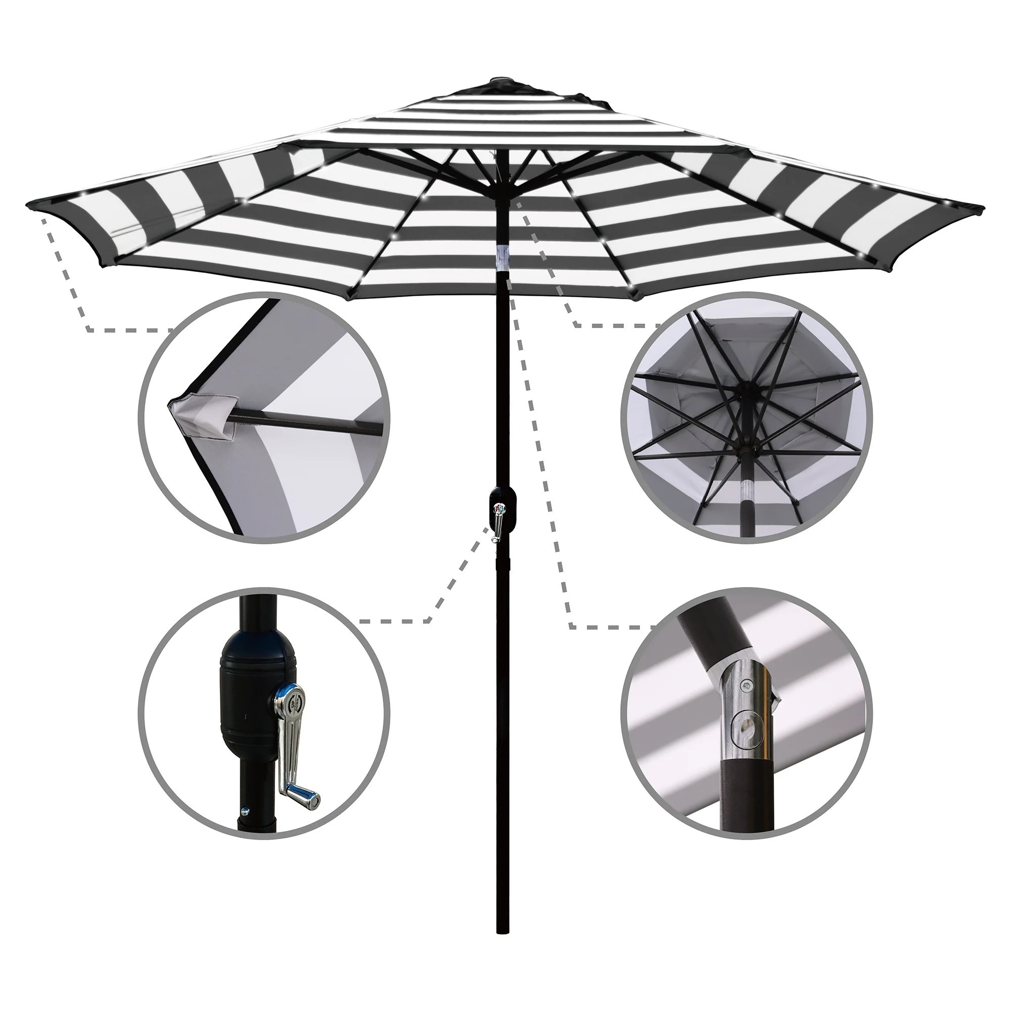 New Frame Tiltable Crank Patio Black And White Striped Garden Parasol Umbrella