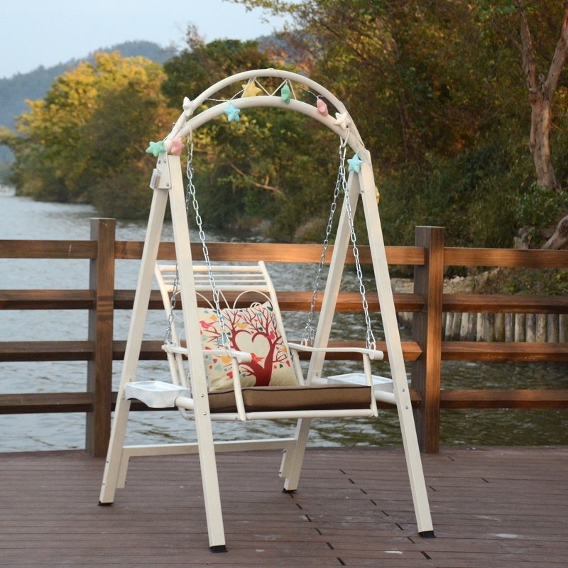 Outdoor Durable Vintage Wrought Iron Single Hanging Rocking Chair With Bracket And Exquisite Pendant