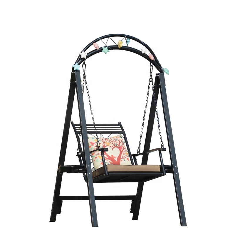 Outdoor Durable Vintage Wrought Iron Single Hanging Rocking Chair With Bracket And Exquisite Pendant