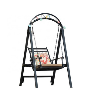 Outdoor Durable Vintage Wrought Iron Single Hanging Rocking Chair With Bracket And Exquisite Pendant