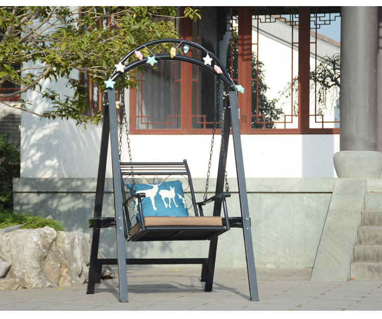 Outdoor Durable Vintage Wrought Iron Single Hanging Rocking Chair With Bracket And Exquisite Pendant