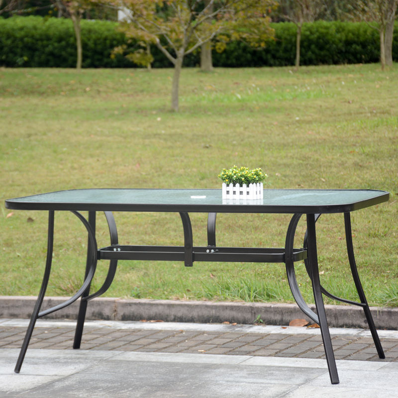 Outdoor garden furniture patio steel rectangular glass dining table with umbrella hole