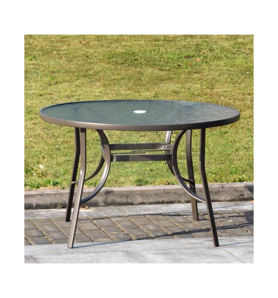 Outdoor garden furniture patio steel rectangular glass dining table with umbrella hole