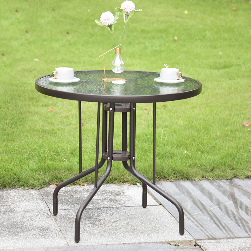 Outdoor garden furniture patio steel rectangular glass dining table with umbrella hole