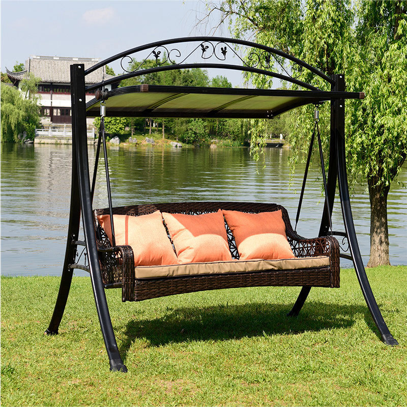 Outdoor Leisure Three Seat Hanging Swing Chair Garden Patio Cane Rocking Chair