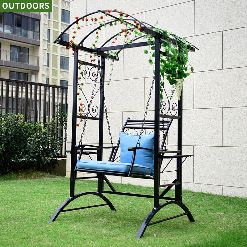 Outdoor single seat garden furniture patio swing egg chair hanging metal flower frame swing rocking chair