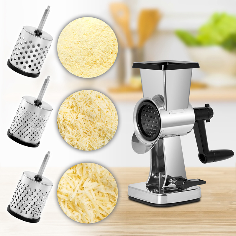 Kitchen Use Stainless Steel 3 blades Manual Multi-function Cutter Slicer Mandoline Drum Rotary Cheese Vegetable Shredder Grater