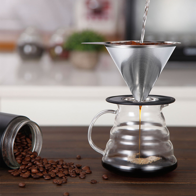 Pour Over Coffee Dripper Stainless Steel LHS Slow Drip Coffee Filter Metal Cone Paperless Reusable Single Cup Coffee Maker