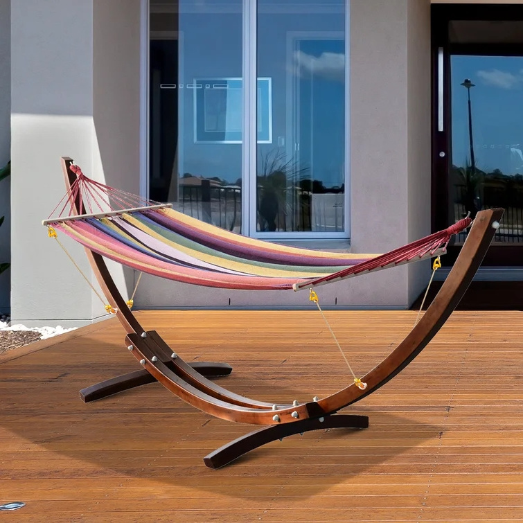 Factory Direct Sale Double Cotton Hammock With Space Saving Wood Solid Stand Includes Portable Hammock