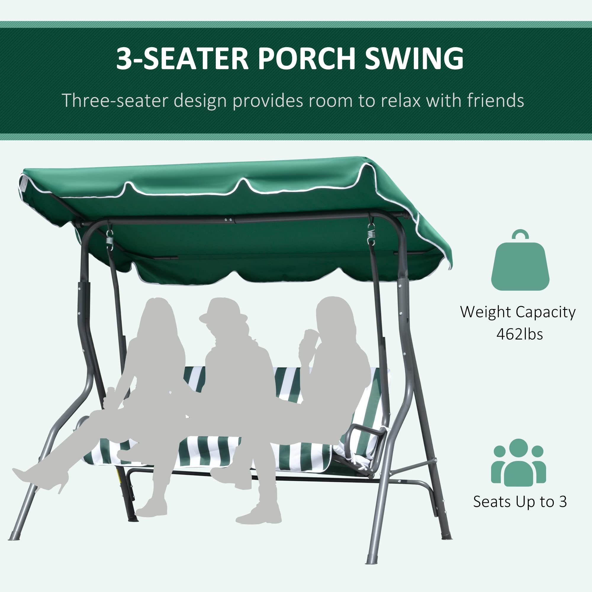 Outdoor Patio Porch Deck Steel Frame 3-Seat Canopy Swing Garden Hammock Swing Chair