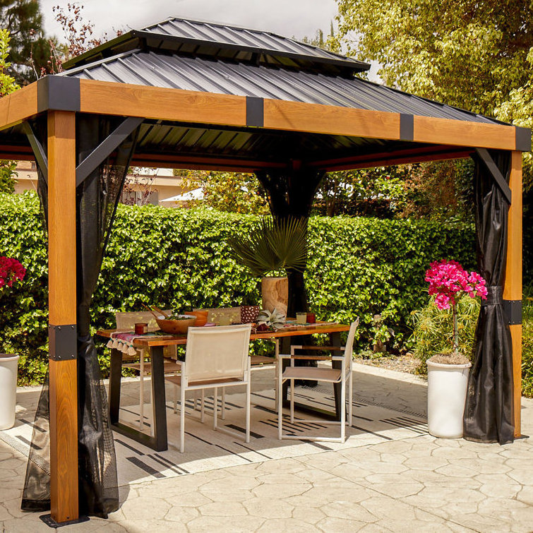 Outdoor Patio Grill Gazebo 10x12Ft  2-Tier Steel Backyard Garden Privacy Screen Hardtop Gazebo With Metal Ceiling Hook