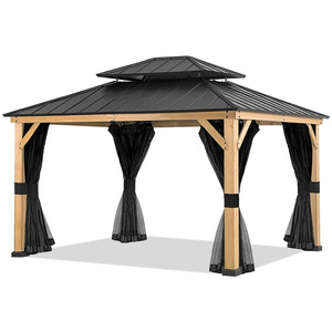 13 Ft. W x 11 Ft. D Wood Grain Patio Gazebo Outdoor Garden Metal Hardtop Roof Solid Wood Grain Gazebo With Ceiling Hook