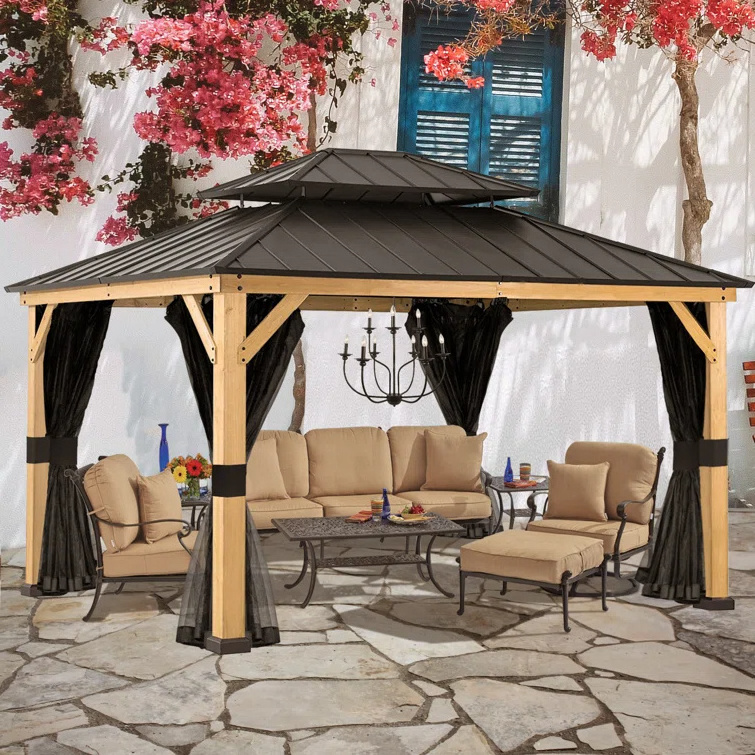 13 Ft. W x 11 Ft. D Wood Grain Patio Gazebo Outdoor Garden Metal Hardtop Roof Solid Wood Grain Gazebo With Ceiling Hook