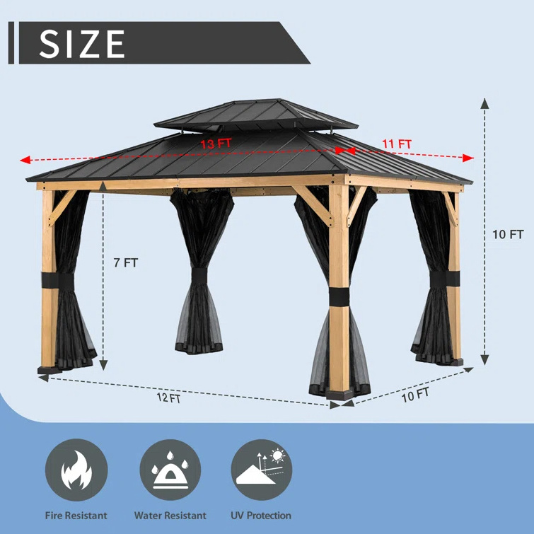 13 Ft. W x 11 Ft. D Wood Grain Patio Gazebo Outdoor Garden Metal Hardtop Roof Solid Wood Grain Gazebo With Ceiling Hook