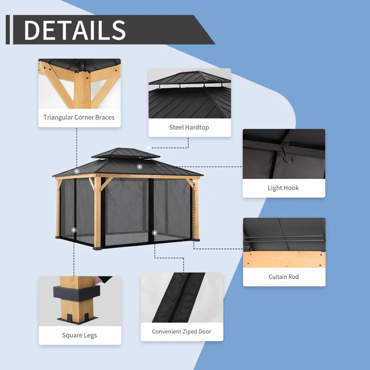 13 Ft. W x 11 Ft. D Wood Grain Patio Gazebo Waterproof Louver Roof System Kits Outdoor Gazebo Double-Deck Hardtop Gazebo