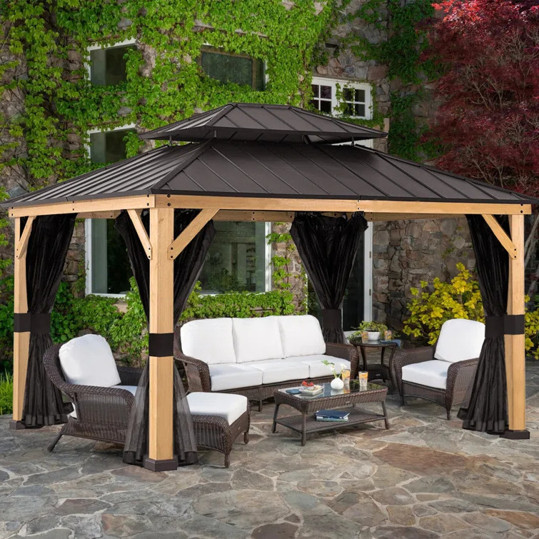 13 Ft. W x 11 Ft. D Wood Grain Patio Gazebo Waterproof Louver Roof System Kits Outdoor Gazebo Double-Deck Hardtop Gazebo