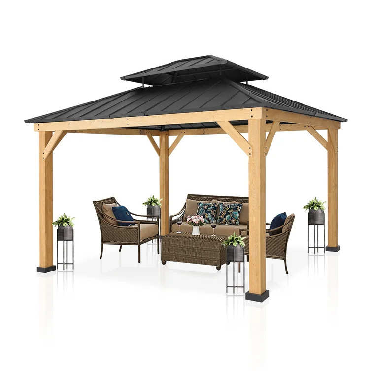 13 Ft. W x 11 Ft. D Wood Grain Patio Gazebo Waterproof Heavy Duty Garden Hardtop Gazebo With Mosquito Netting