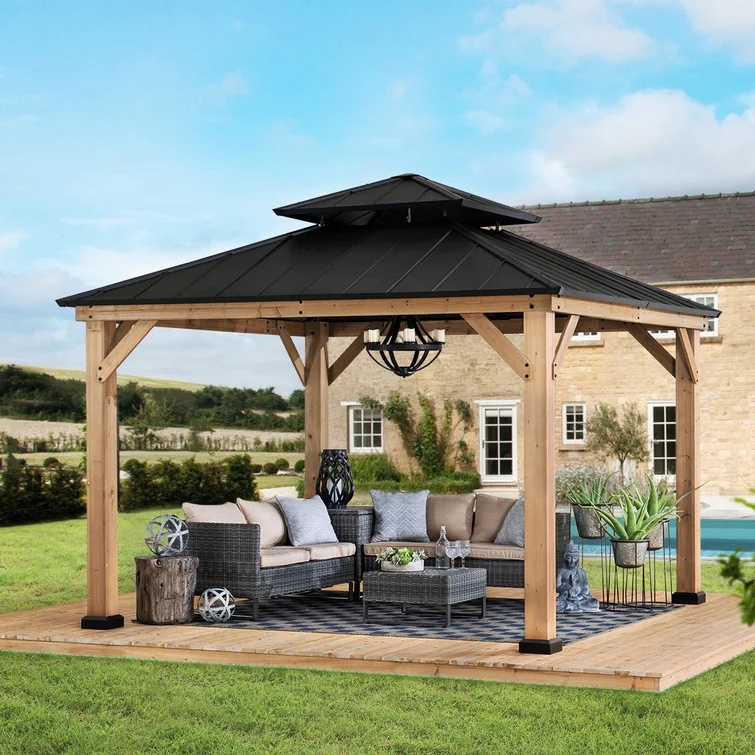 Outdoor Aluminum 2-Tier Hardtop Gazebo Cedar Framed Polycarbonate Hip Roof  Garden Patio Gazebo Wood Grain Pavilion