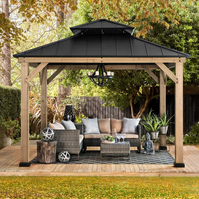 Outdoor Aluminum 2-Tier Hardtop Gazebo Cedar Framed Polycarbonate Hip Roof  Garden Patio Gazebo Wood Grain Pavilion