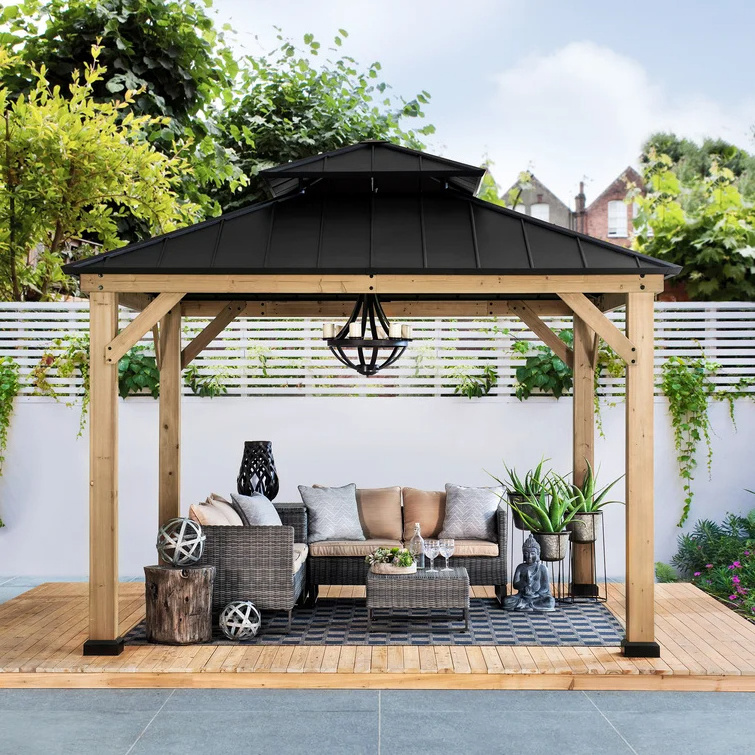 Outdoor Aluminum 2-Tier Hardtop Gazebo Cedar Framed Polycarbonate Hip Roof  Garden Patio Gazebo Wood Grain Pavilion