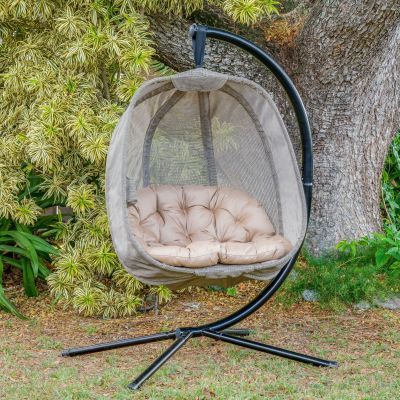 Outdoor Swing Eggshell Hanging Chair Garden Patio Furniture Hanging Sensory Rattan Egg Chair With Metal Stand