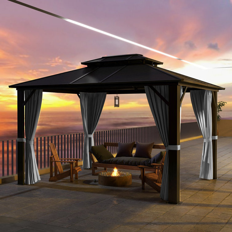 12 Ft. W x 10 Ft. D Aluminum Patio Gazebo Luxury Patio Metal Pavilion Pergola Waterproof With Steel Hardtop Roof Gazebo