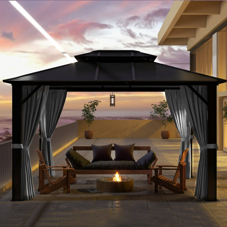 12 Ft. W x 10 Ft. D Aluminum Patio Gazebo Luxury Patio Metal Pavilion Pergola Waterproof With Steel Hardtop Roof Gazebo