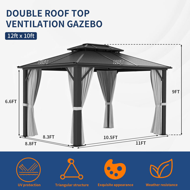 12 Ft. W x 10 Ft. D Aluminum Patio Gazebo Luxury Patio Metal Pavilion Pergola Waterproof With Steel Hardtop Roof Gazebo