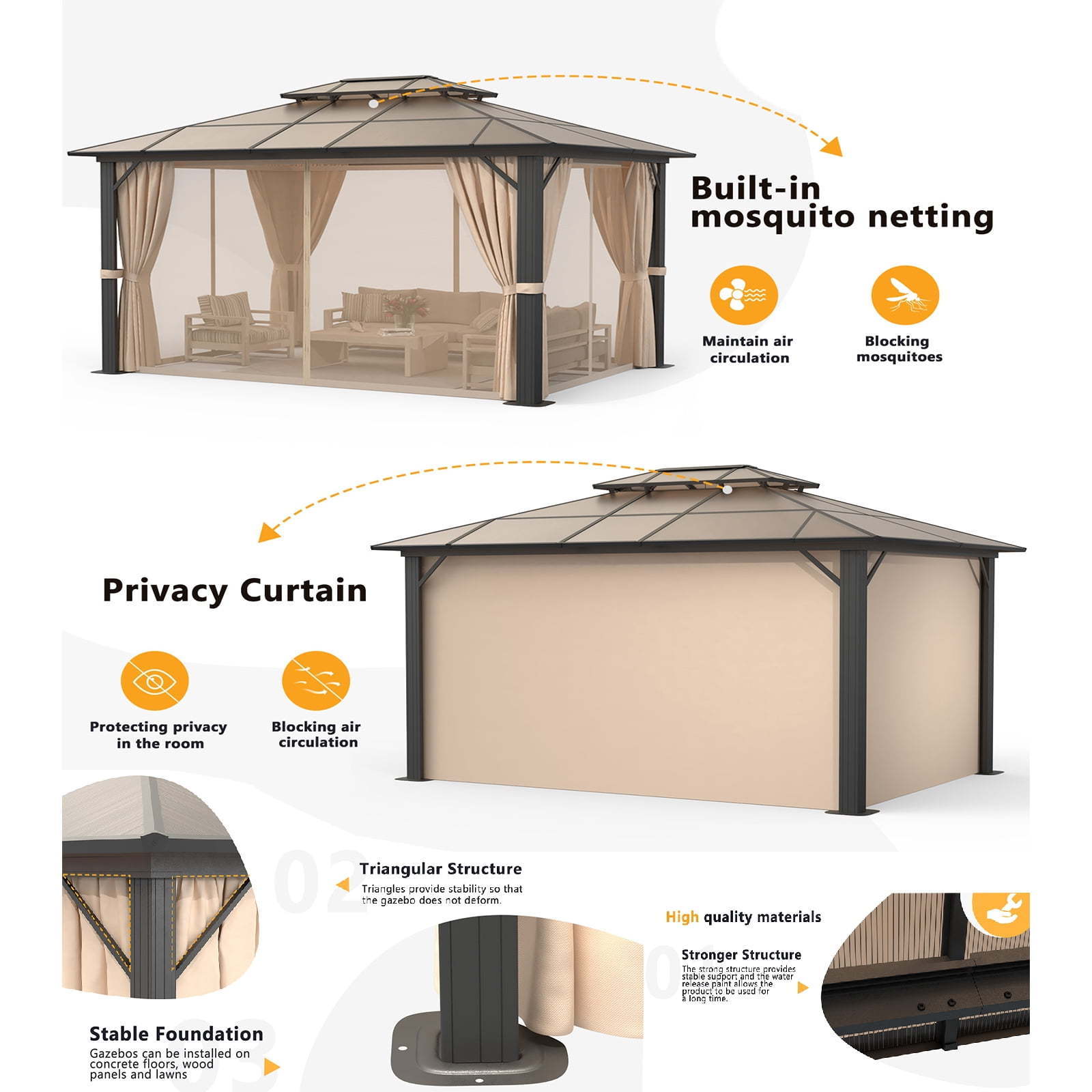 Customize Colors Aluminium Frame Polycarbonate Hardtop Gazebo Waterpoof Double Roof Garden Gazebos