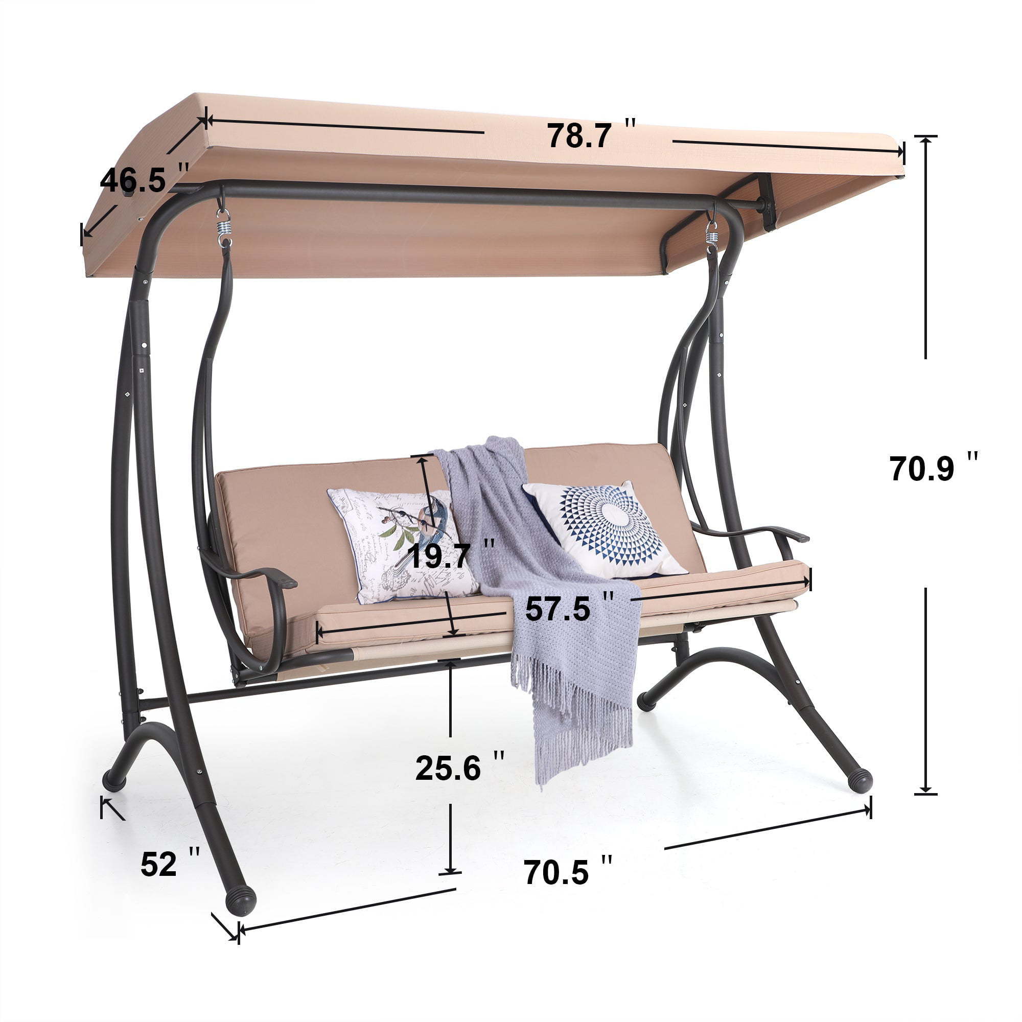 3-Seat Outdoor Large Converting Canopy Swing Garden Lounge Swing Chair Patio Porch Swings