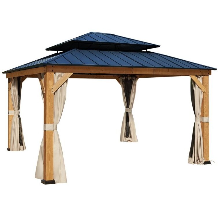 Outdoor Furniture Solid Assembly Wood Grain Gazebo Double Hardtop Aluminum Roof Garden Gazebo With Gauze