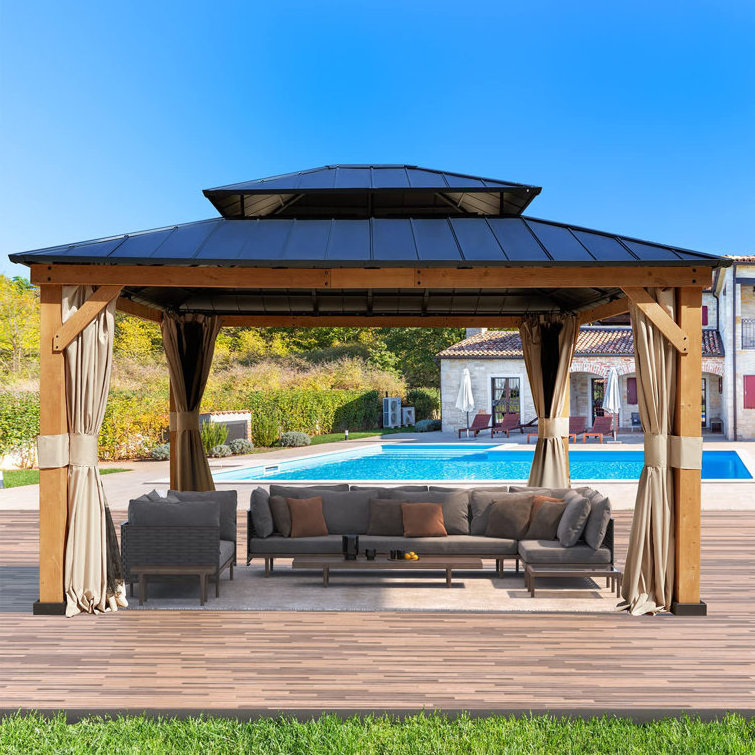 Outdoor Furniture Solid Assembly Wood Grain Gazebo Double Hardtop Aluminum Roof Garden Gazebo With Gauze