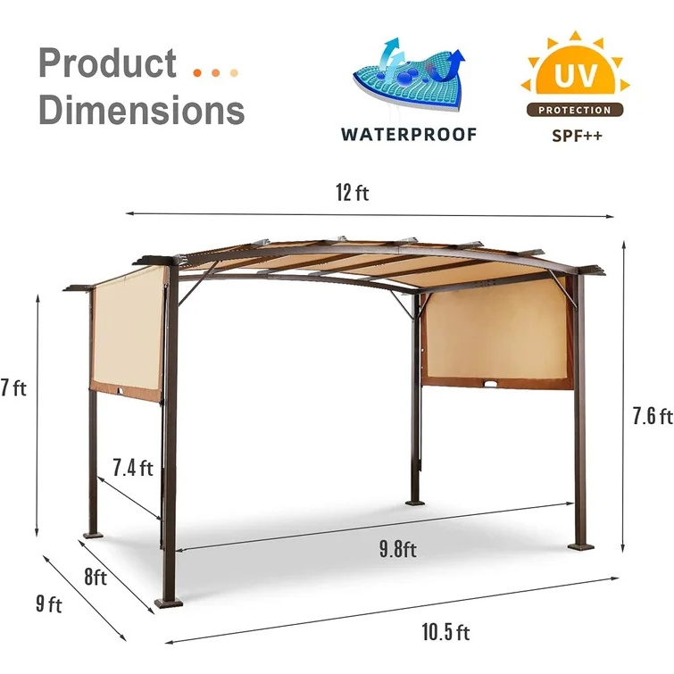 CoastShade 3*3M Pergola Gazebo Canopy Outdoor Steel Frame Sun Shelter With Retractable Canopy Shades