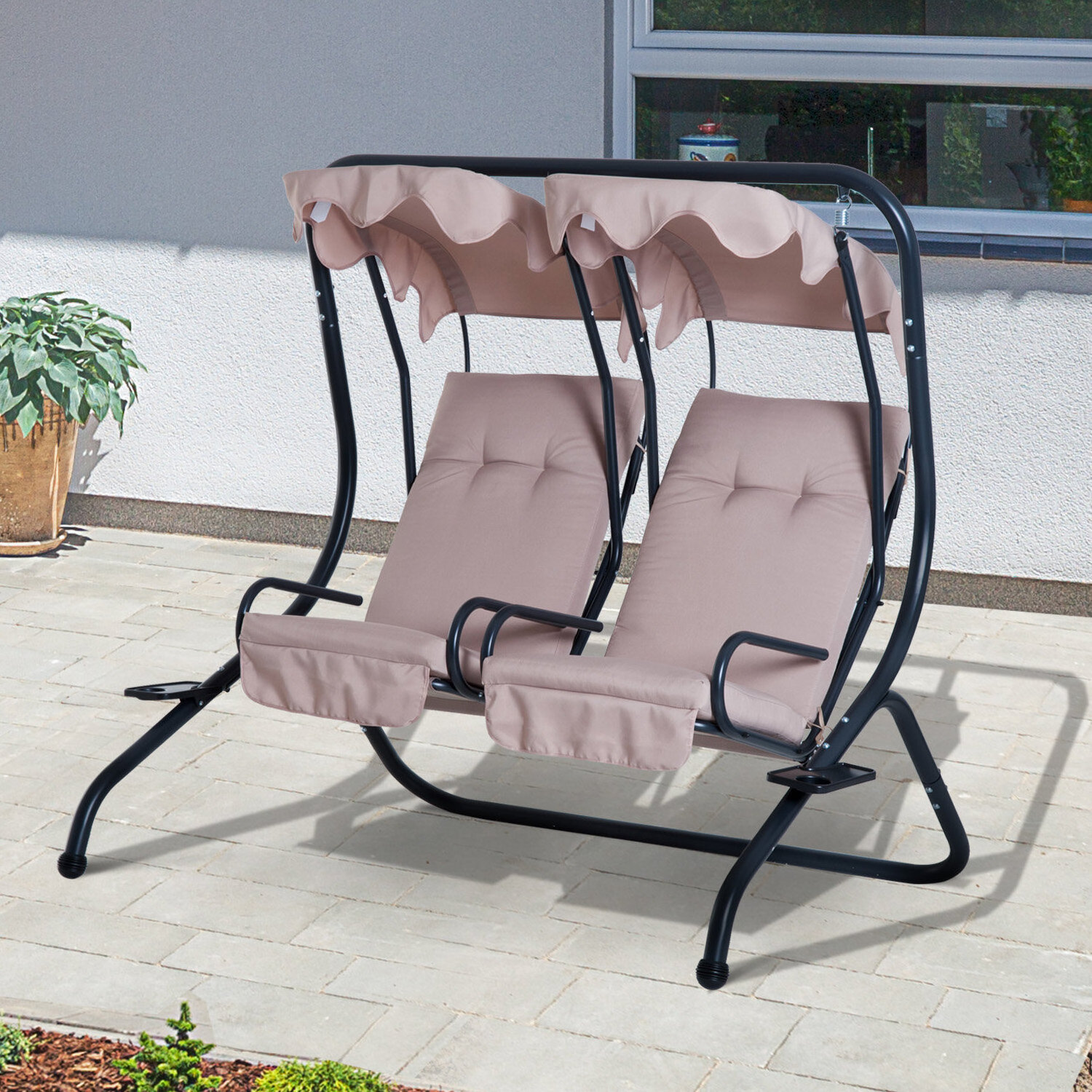 Simple Outdoor Garden Swing Chair Waterproof Adjustable Canopy 2 Seat Patio Swing With Cushion