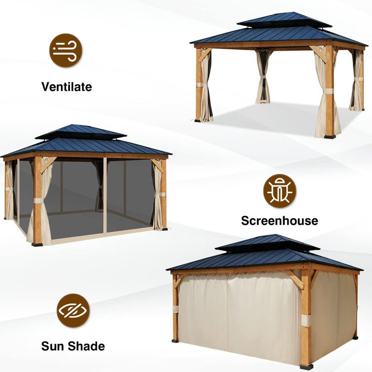 Outdoor Furniture Solid Assembly Wood Grain Gazebo Double Hardtop Aluminum Roof Garden Gazebo With Gauze