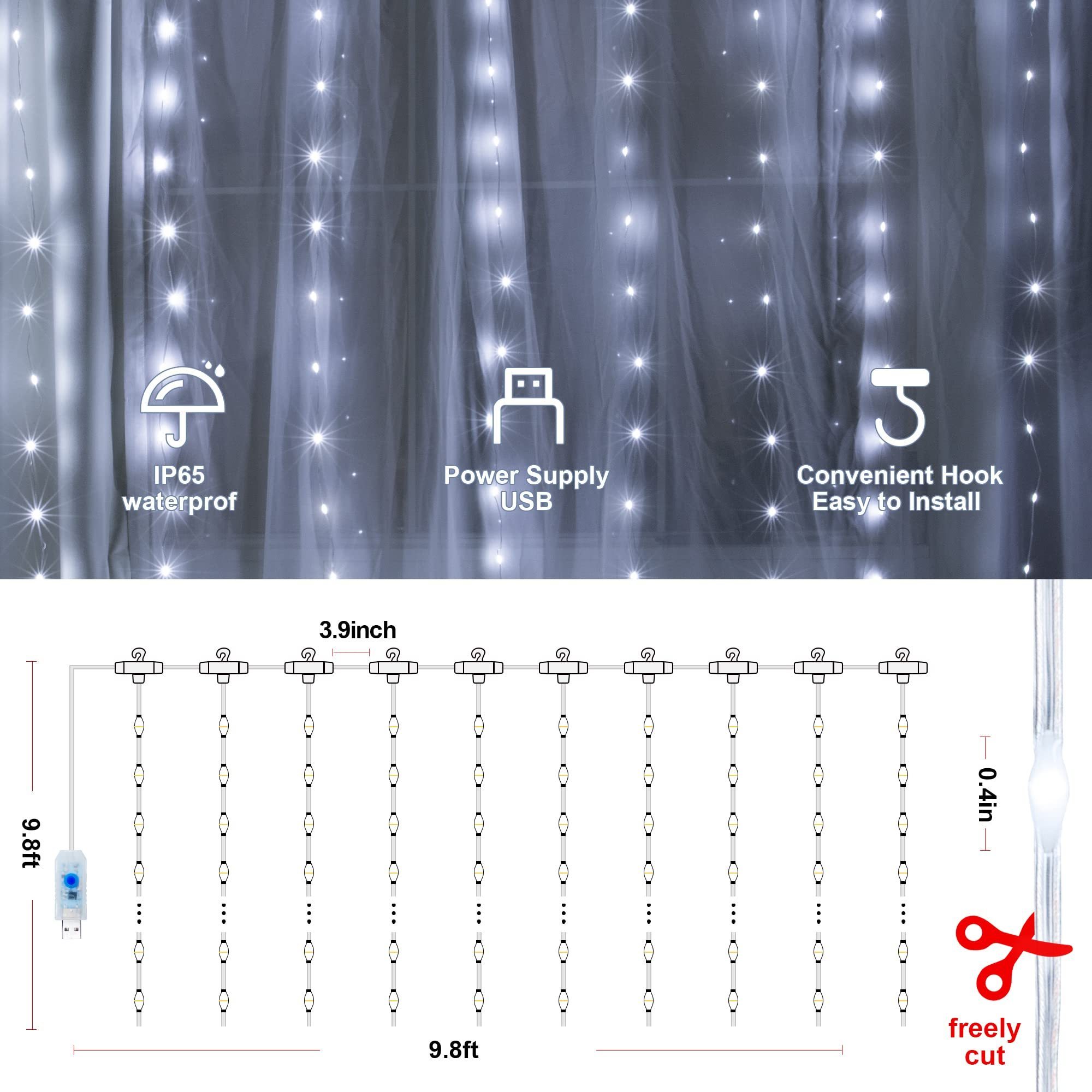 Woohaha Window Curtain String Light 300 LED with 8 Lighting Modes Remote Control USB Powered Waterproof Fairy Lights Curtain